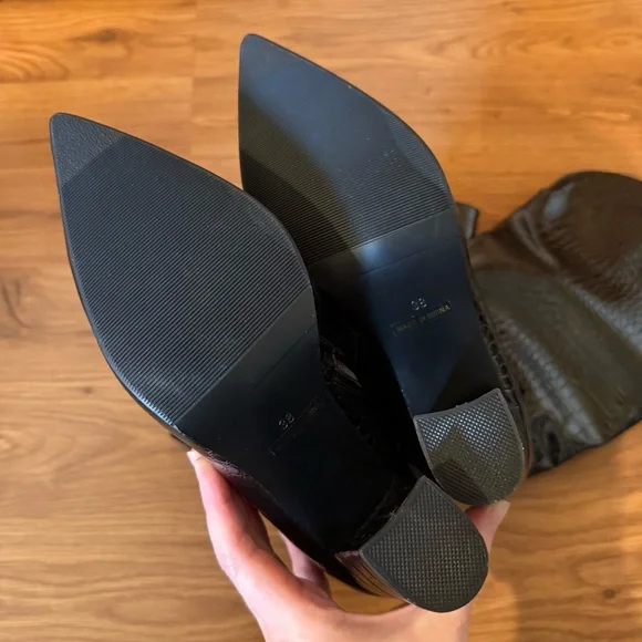 NIB Pauvaody Black Snakeskin Faux Leather Knee High Tall Pointed Heel Boots 7 - Picture 11 of 16